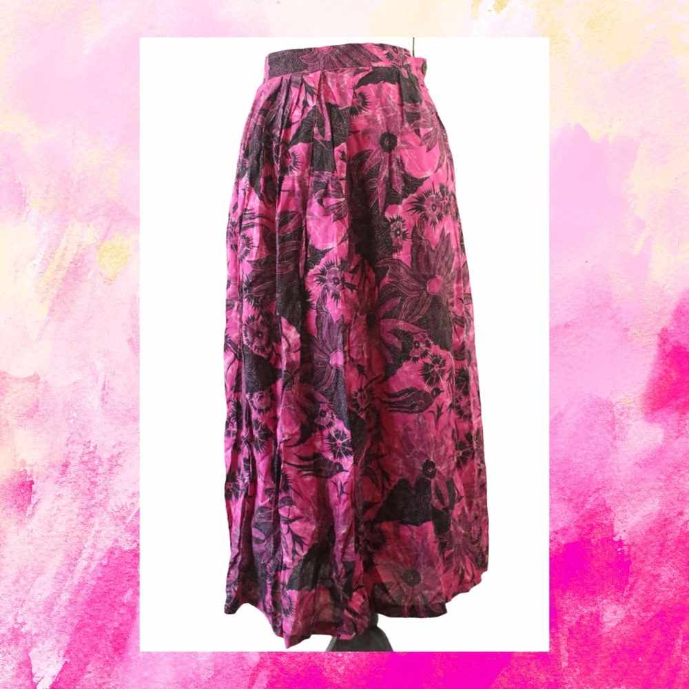 Vintage 80s CE Stanton Hot Pink Black Floral Bird Graphic Print Midi Skirt